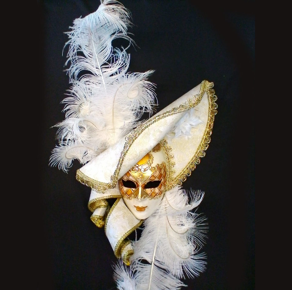 Maschera Veneziana,Volto con Piume Vere, Maschera Carnevale, Realizzata a  Mano in Cartapesta -  Italia